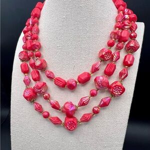 Vintage Signed West Germany Red Lucite 3 Strand Necklace
